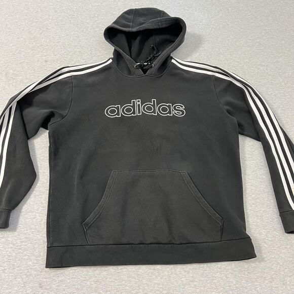 Adidas Hoodie Medium Black White 3 Stripes Pullover Spell Out Baggy Crop - Picture 1 of 12